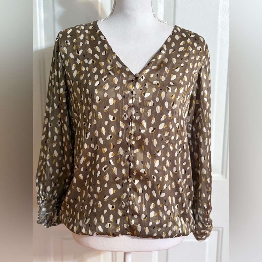 Haven + Blair Multicolor Long Sleeve Abstract Button Down Blouse Top Sz M